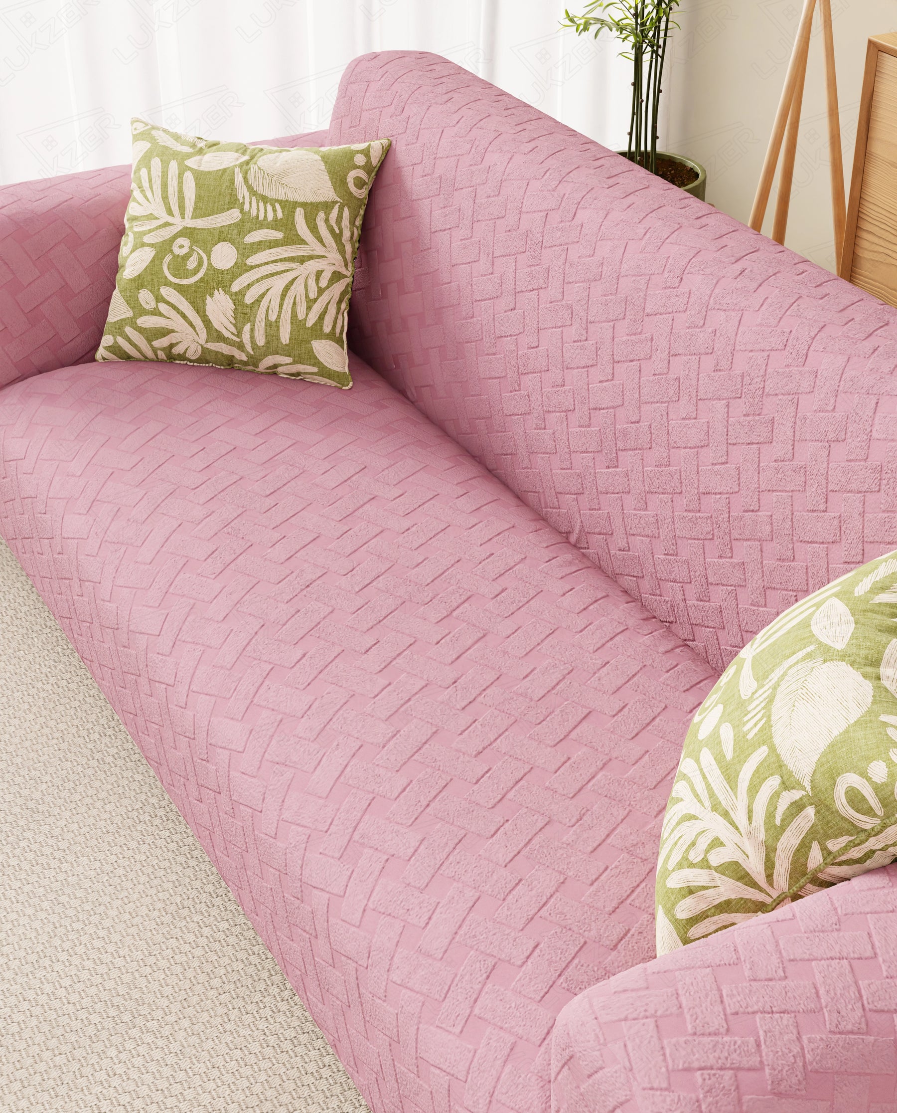 Lukzer Pastel Shades Textured Sofa Cover -  Pink Basket Weave (SC-115-01)