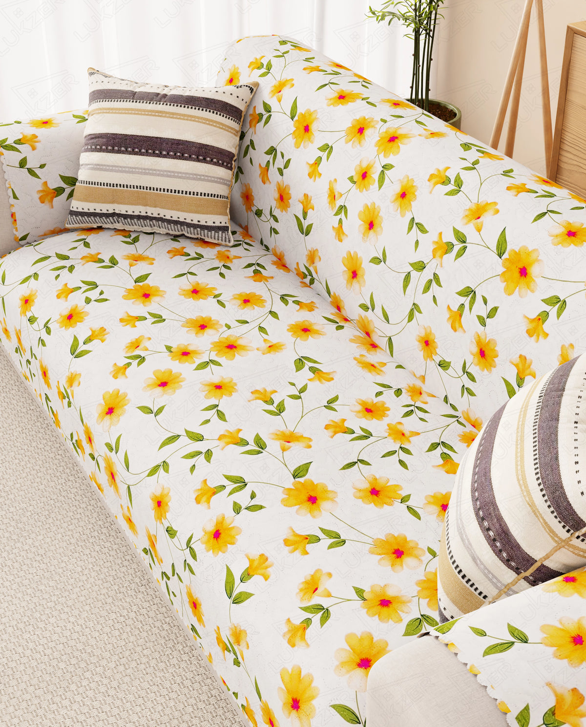 Lukzer Quilted Reversible Terra Bloom Sofa Mat with WaveEdge Ultrasonic Cut (WITH BACK & HAND REST) - SC-205-01WB