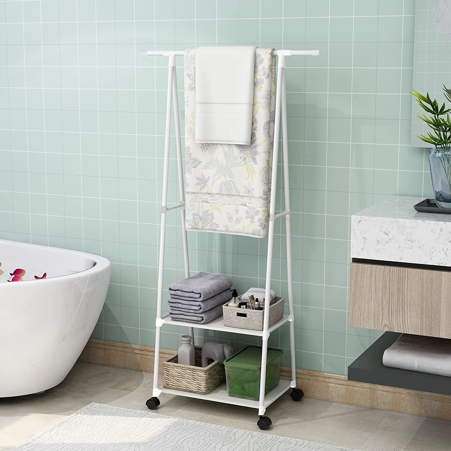 Lukzer A- Shape Metal Multipurpose Garment Rack with 2 Bottom Shelves White