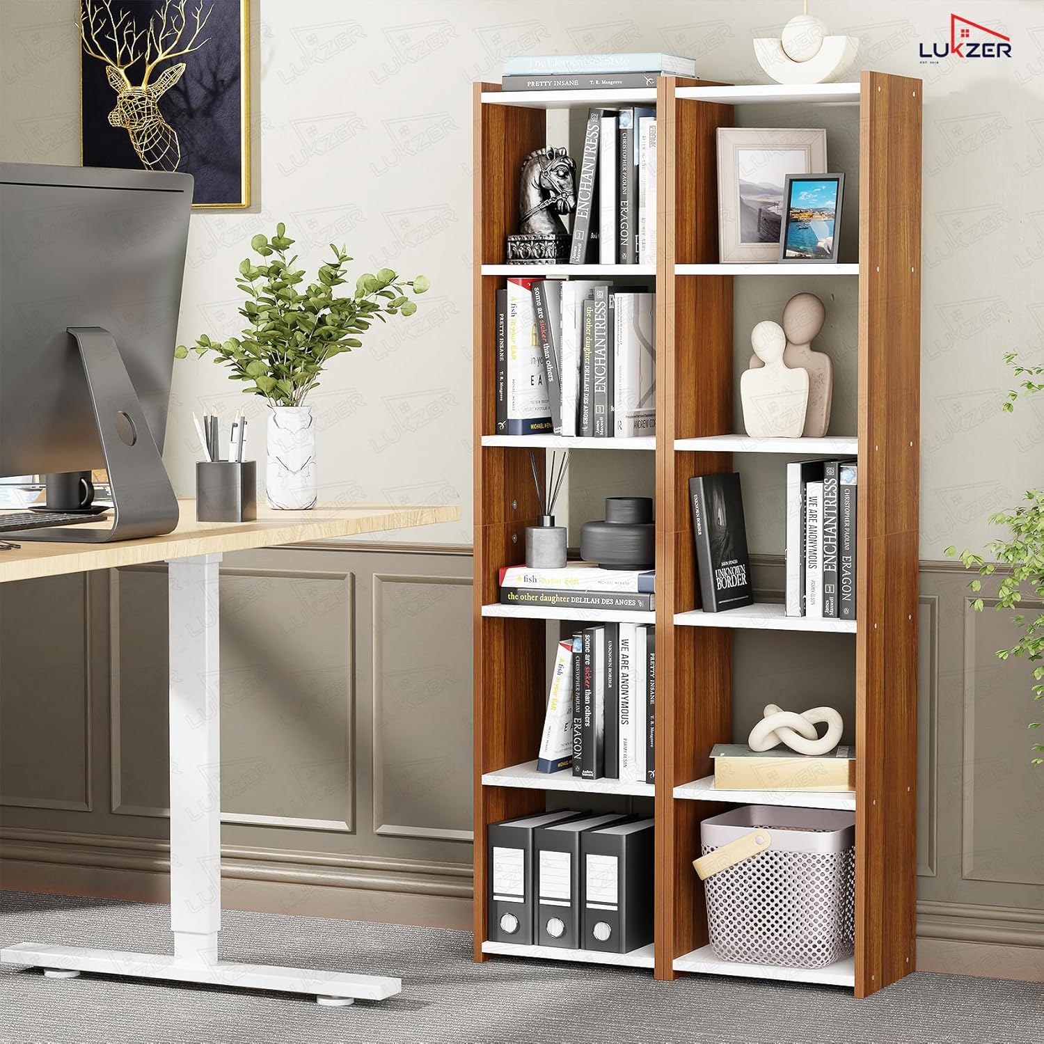 Lukzer Dual Tone Engineered Wood 5-Layer Bookshelf Easy to Assemble (MR-013/White & Oak Brown)