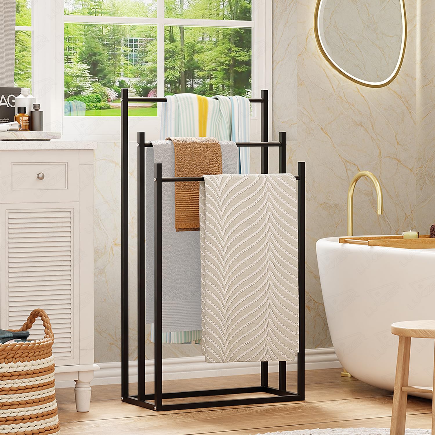 Lukzer Freestanding Sturdy Metal 3-Bar Towel Hanging Stand (MGS-007/Black)