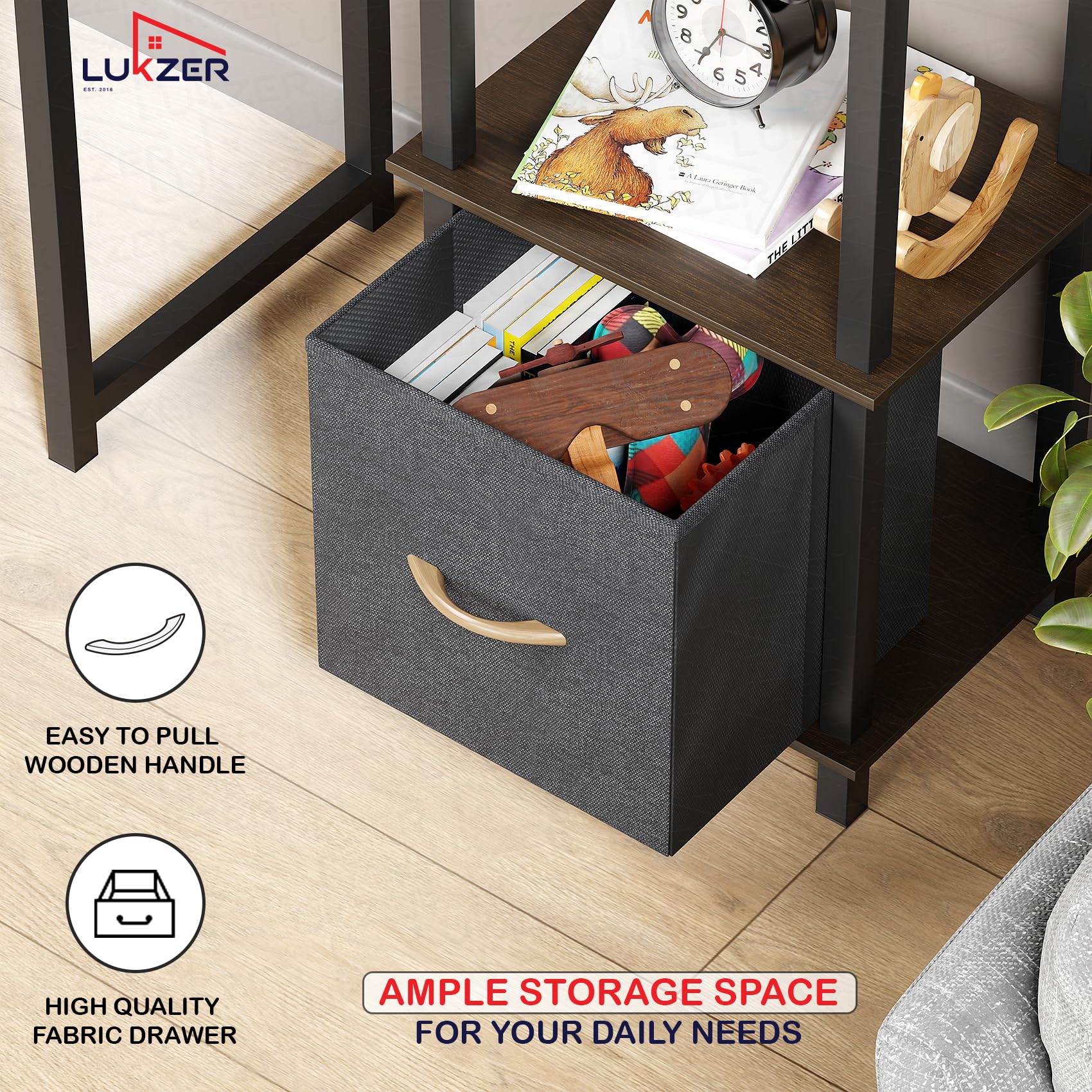 Lukzer 4-Tier Engineered Wood Bookshelf with Fabric Drawer (MRM-001/Wenge)