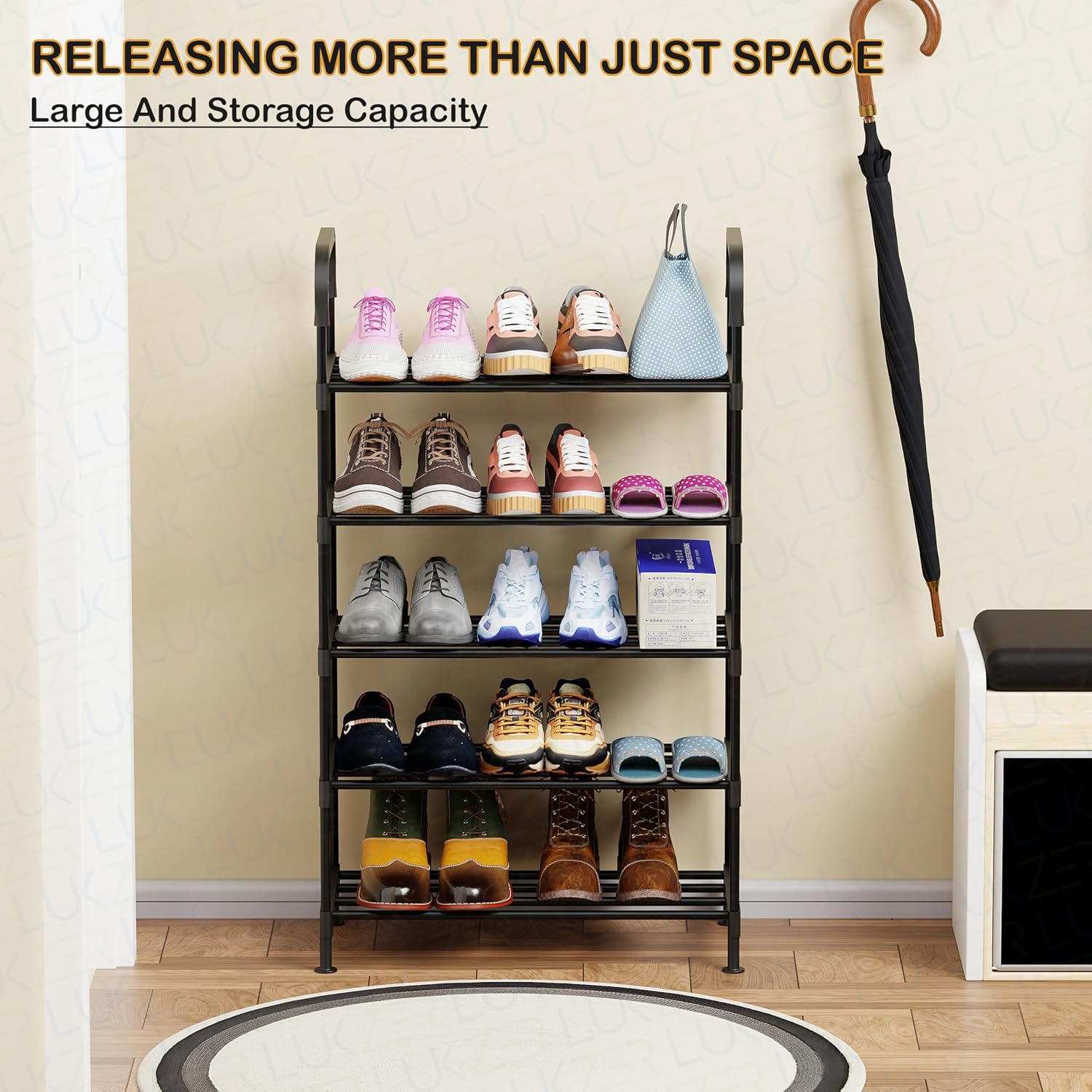 Lukzer Dual-Material Shoe Rack – Black, 3/4/5/6-Layer Storage Organizer