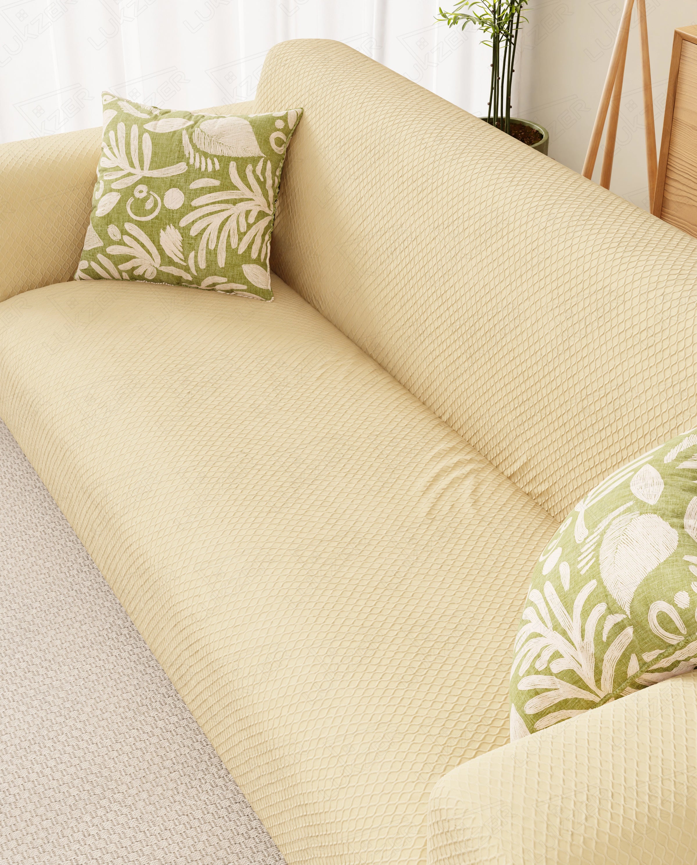 Lukzer Pastel Shades Textured Sofa Cover - Yellow Curved Diamond (SC-087-01)