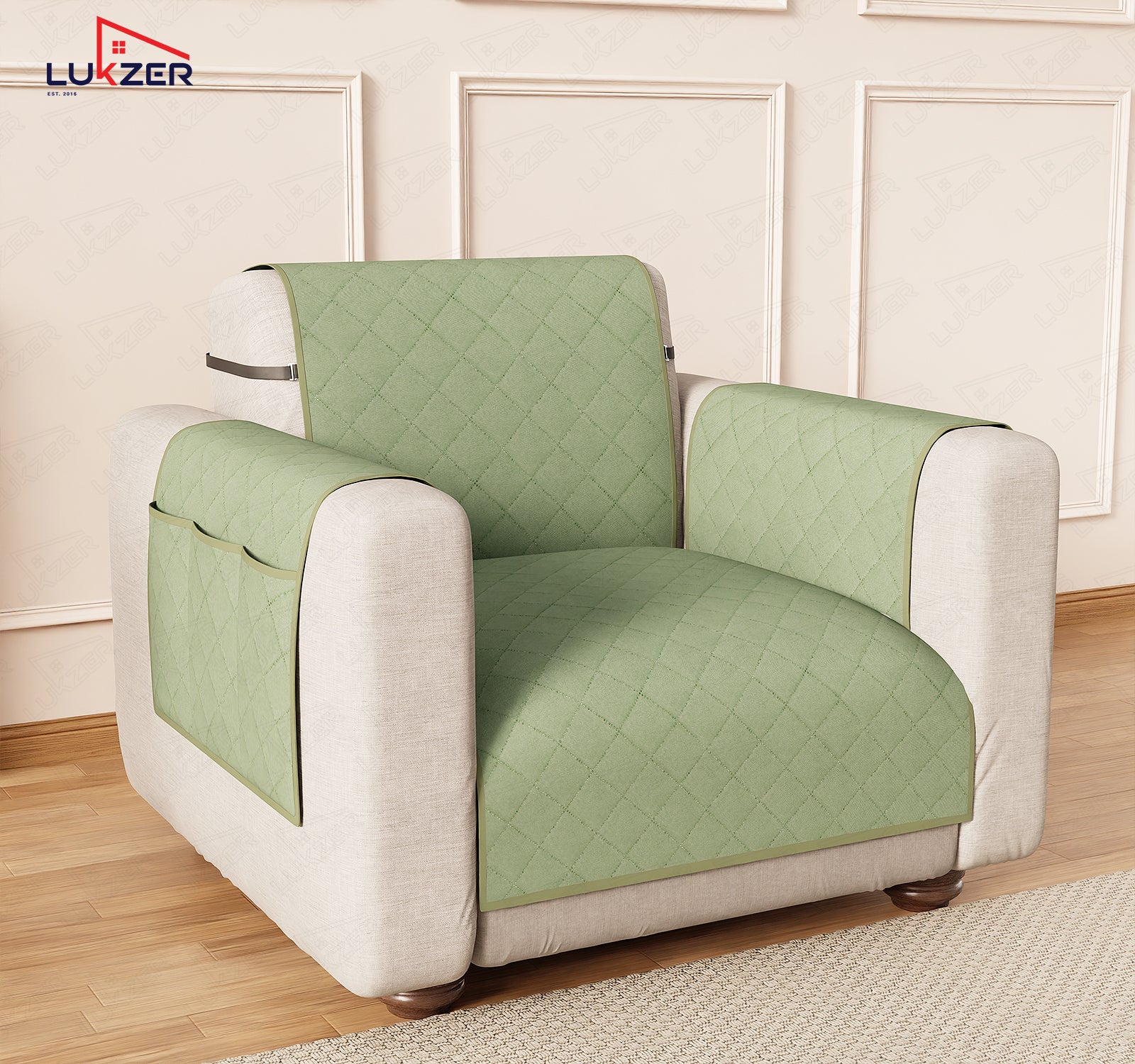 Lukzer Polyester Blend Quilted Sofa Cover Mat (350 GSM)| Full Coverage with Arms &amp; Back Belt | Machine Washable Sofa Runner with Storage Side Pocket