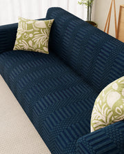 Lukzer Pastel Shades Textured Sofa Cover - Marine Blue Dotted Stripe (SC-134-01)