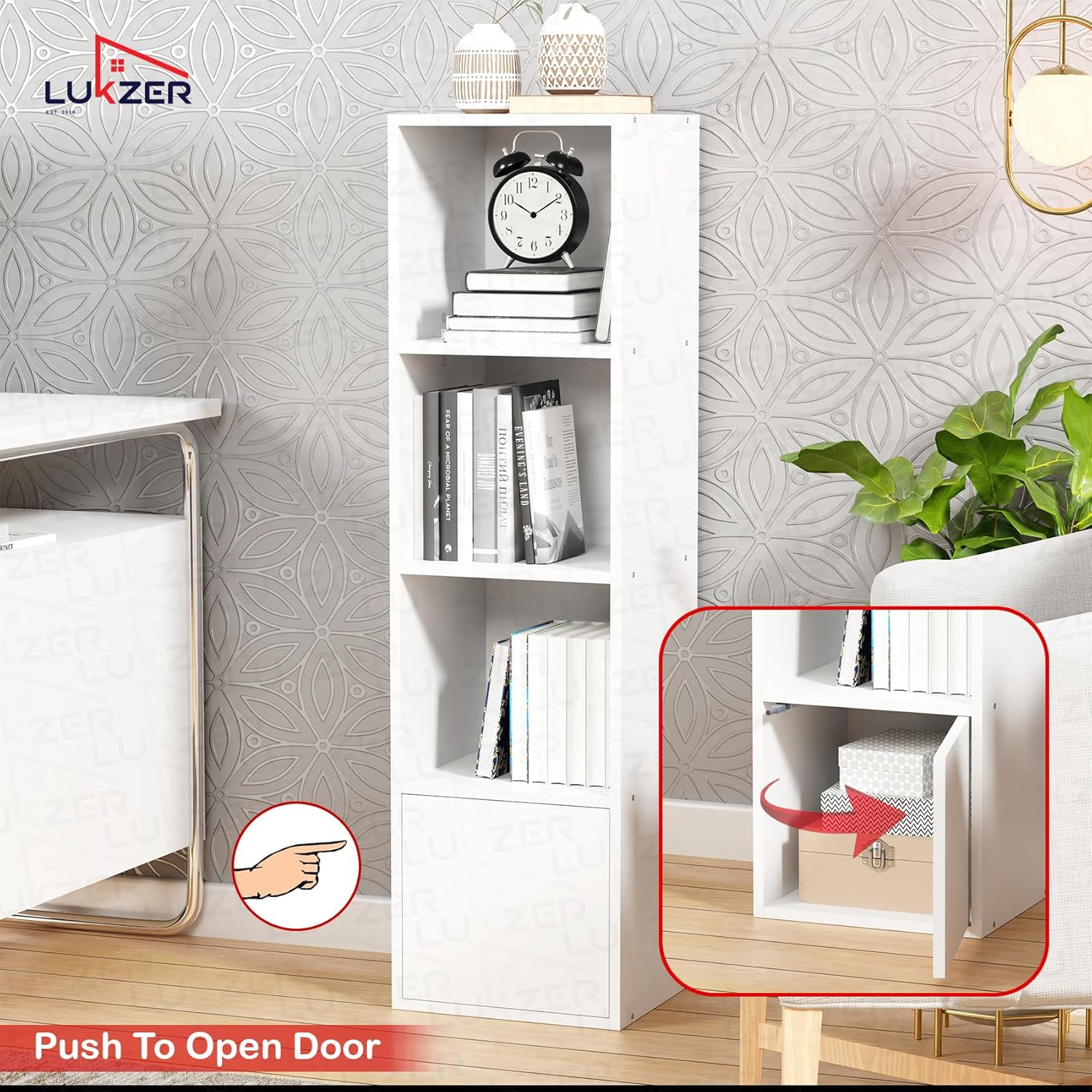 Lukzer 4 Layer Engineered Wood Storage Cabinet with Open Display Rack (MR-023/White)