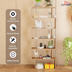 Lukzer 6-Layer S-Shaped Ladder Engineered Wood Open Bookshelf Rack (MR-002, Oak Brown)
