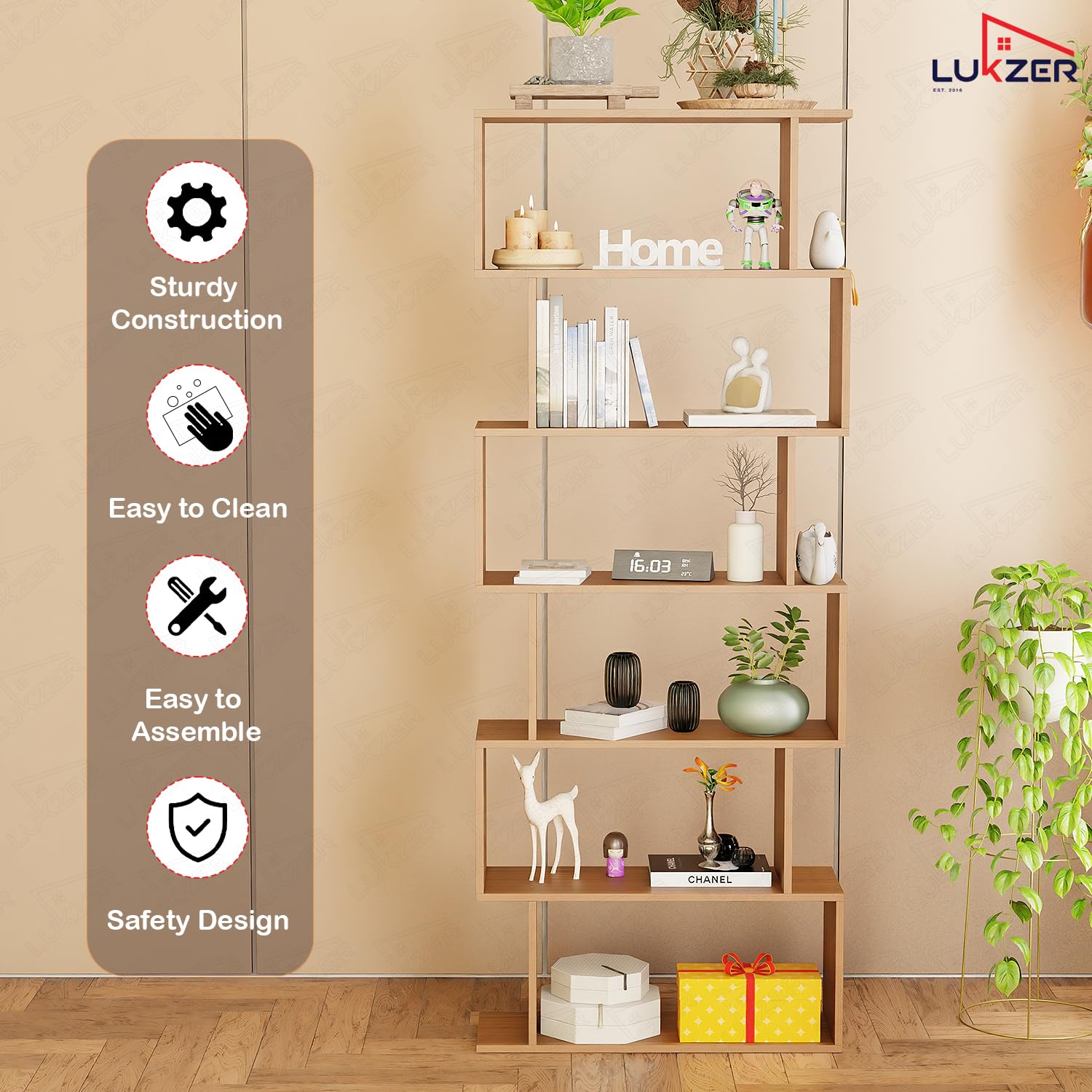 Lukzer 6-Layer S-Shaped Ladder Engineered Wood Open Bookshelf Rack (MR-002, Oak Brown)
