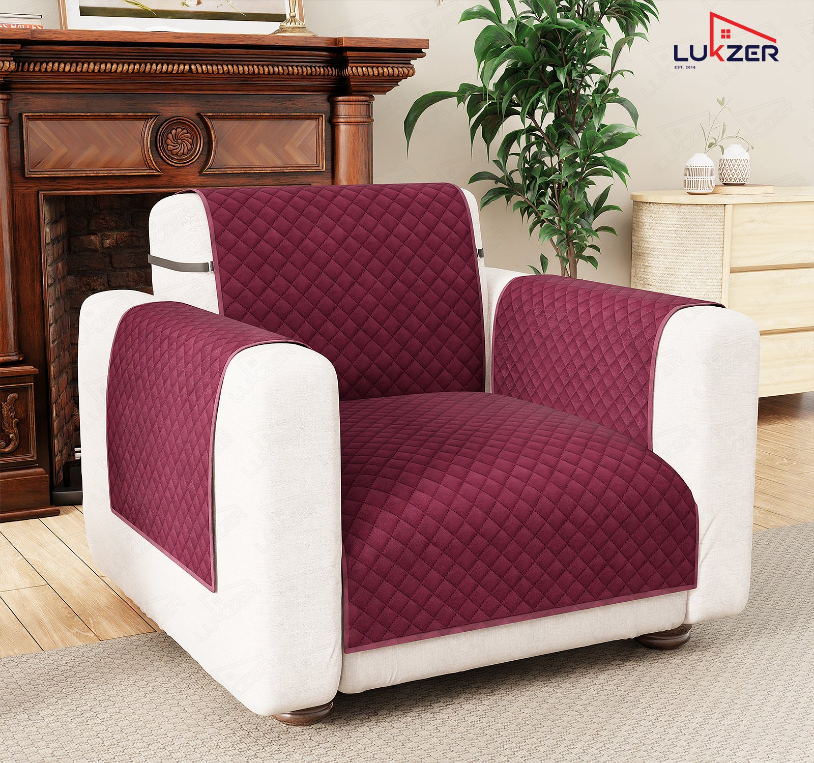 Lukzer Quilted Velvet Sofa Mat | 200 GSM Soft Washable &amp; Removable Couch Protector | Anti-Slip Elastic Strap Cover for Living Room, Pet &amp; Spill Protection