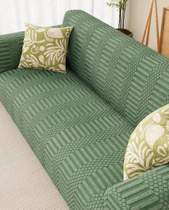 Lukzer Pastel Shades Textured Sofa Cover - Green Dotted Stripe (SC-066-01)