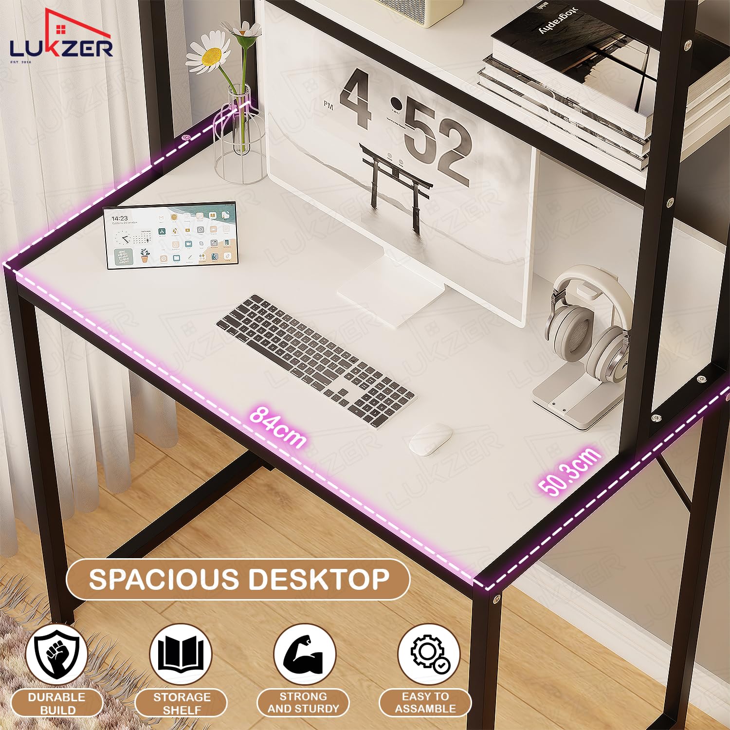 Lukzer 3-Layer Metal & Wooden Computer Desk & Study Table with Bookshelf (MST-006/White)