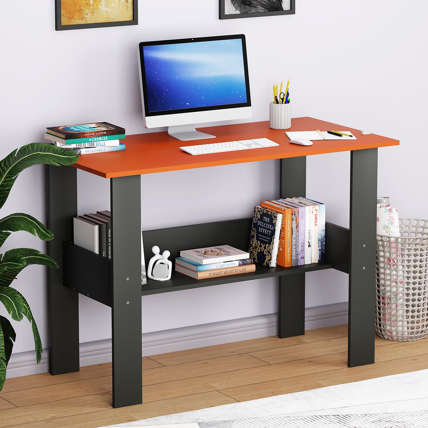 Lukzer Engineered Wood Modern Computer Desk with Bookshelf Study Table (ST-004/Charcoal Ember)