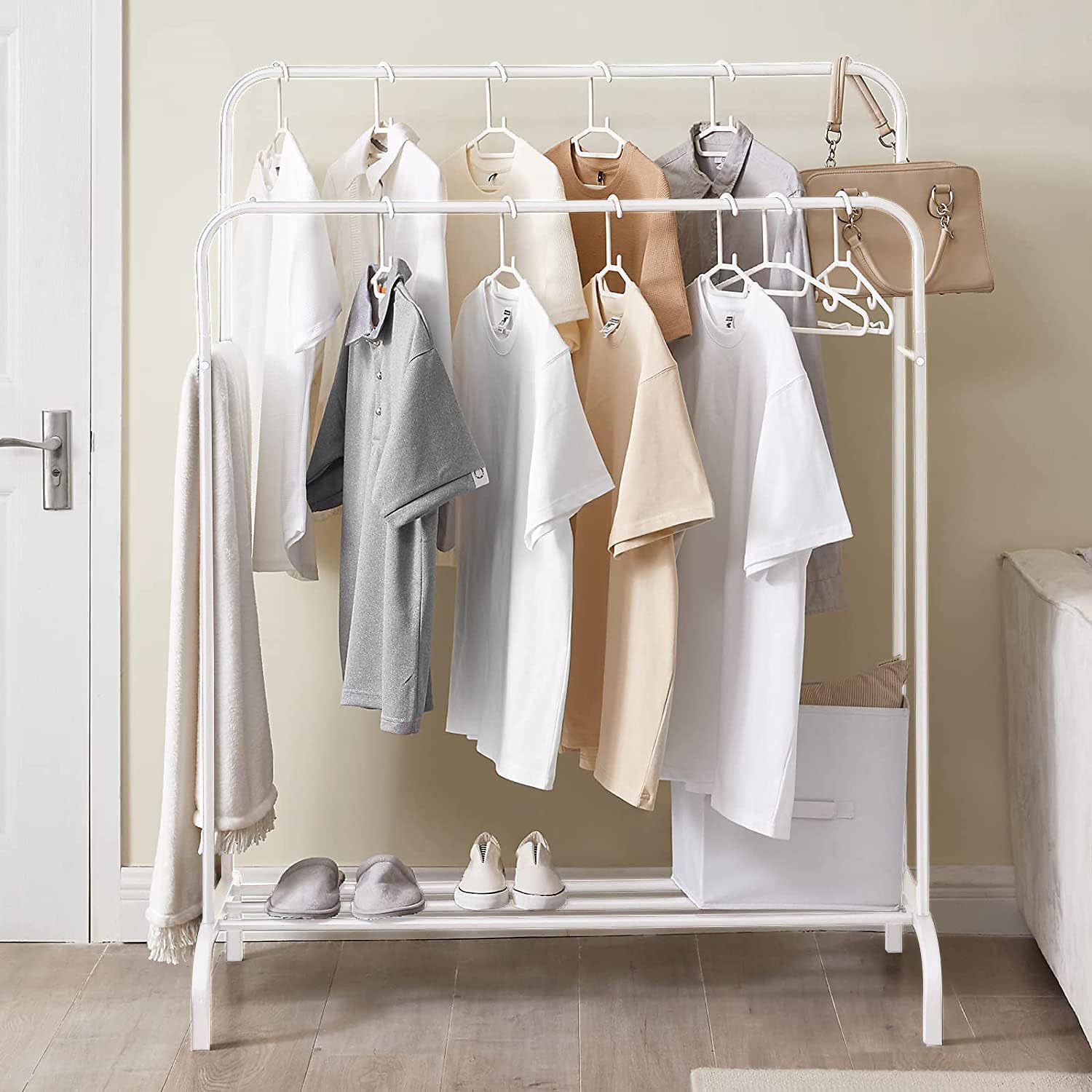 Lukzer Metal Cloth Stand with 2 Hanging Rods & Storage Shelf (MGS-002/White)