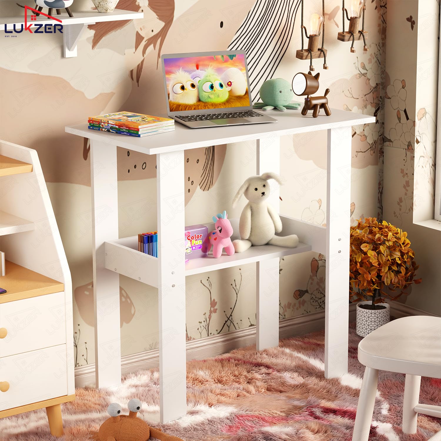 Lukzer Engineered Wood Kids Study Table with Open Shelf (ST-004S/White)