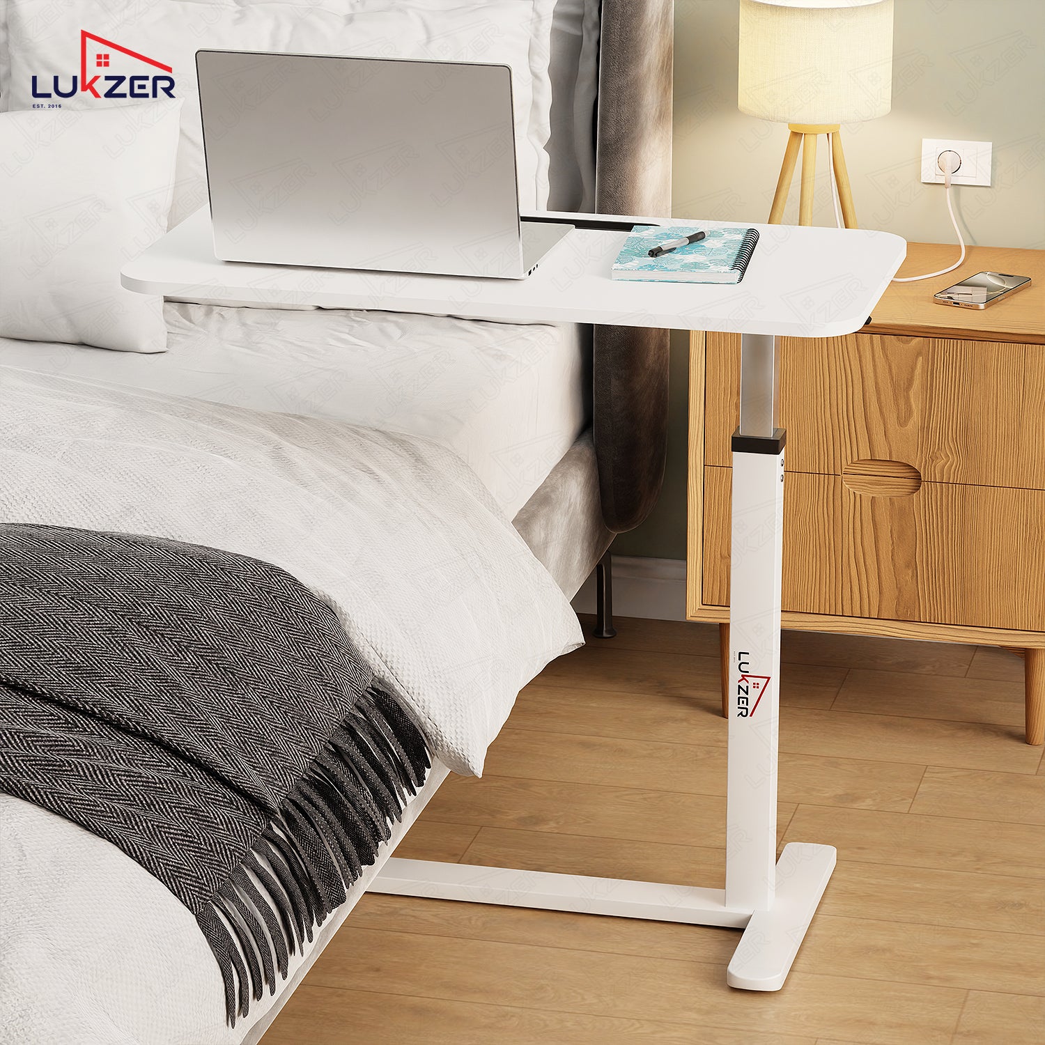 Lukzer Modern Adjustable Overbed Study Table with Wheels (MST-002/White & White)