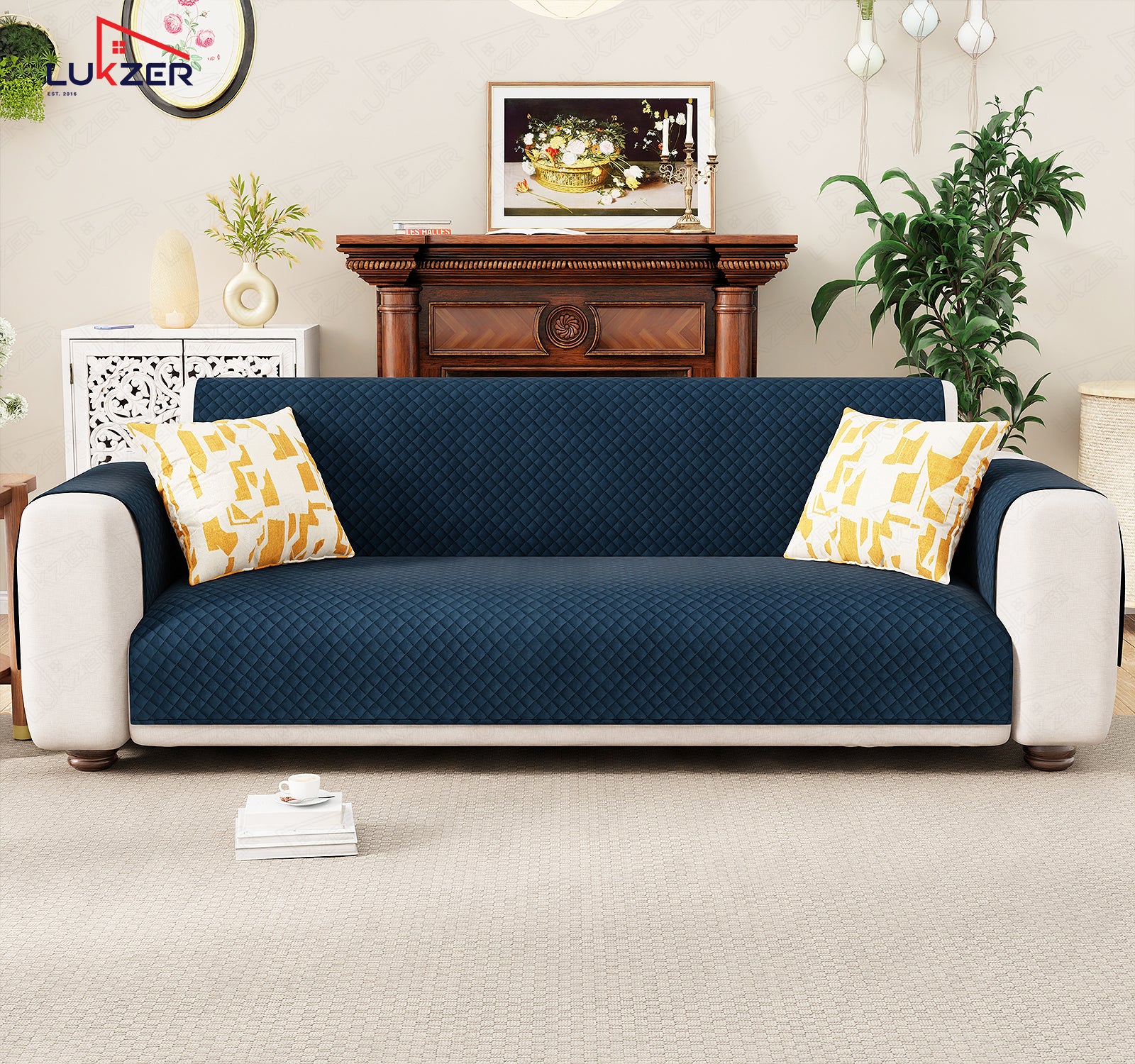 Lukzer Quilted Velvet Sofa Mat | 200 GSM Soft Washable &amp; Removable Couch Protector | Anti-Slip Elastic Strap Cover for Living Room, Pet &amp; Spill Protection