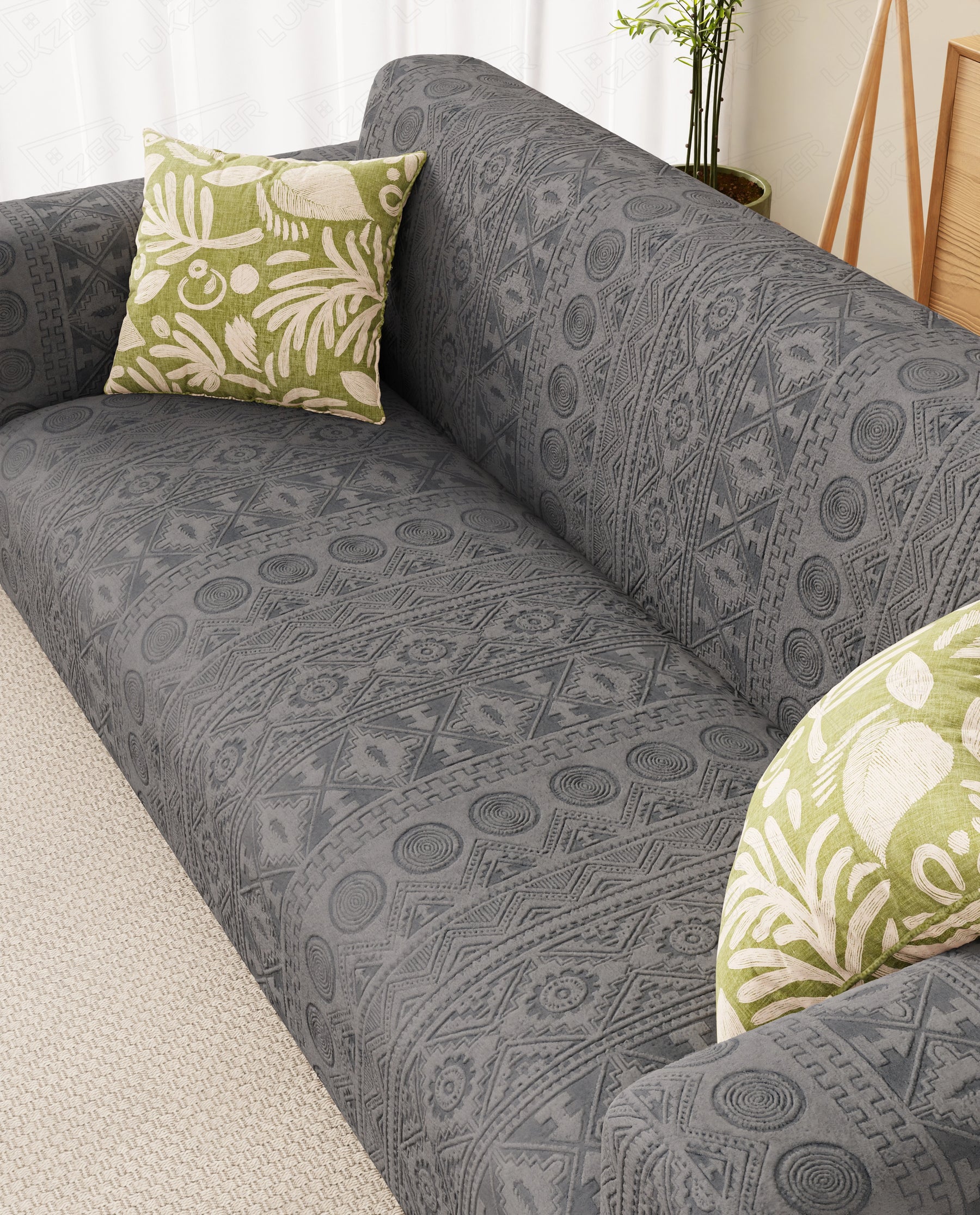 Lukzer Pastel Shades Textured Sofa Cover - Dark Grey Tribal Design (SC-137-01)