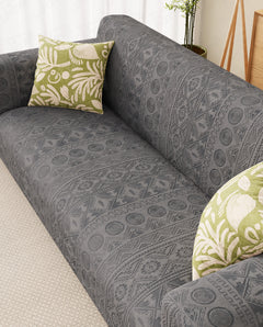Lukzer Pastel Shades Textured Sofa Cover - Dark Grey Tribal Design (SC-137-01)