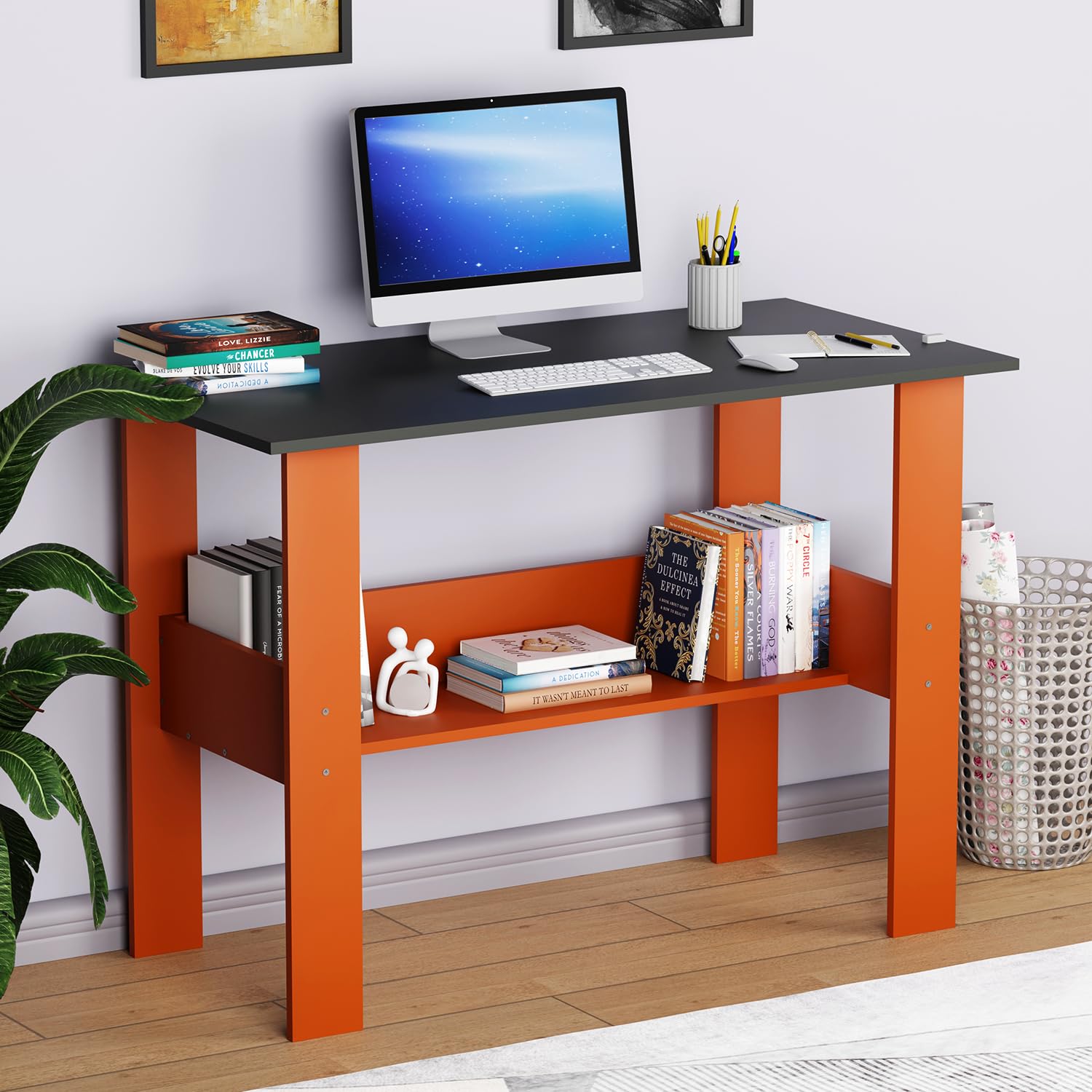 Lukzer Engineered Wood Modern Computer Desk with Bookshelf Study Table (ST-004/Lavamist)