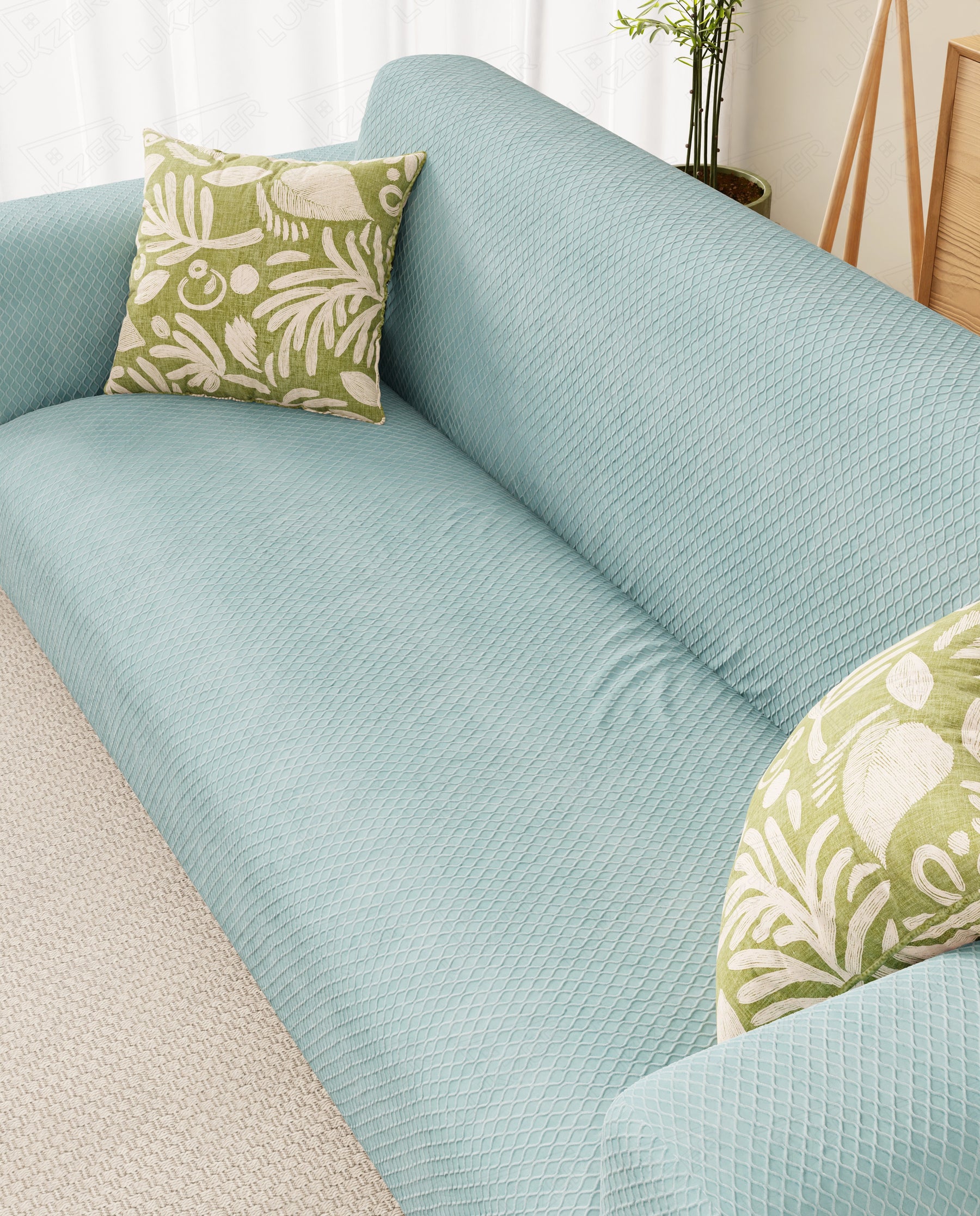 Lukzer Pastel Shades Textured Sofa Cover - Blue Curved Diamond (SC-086-01)
