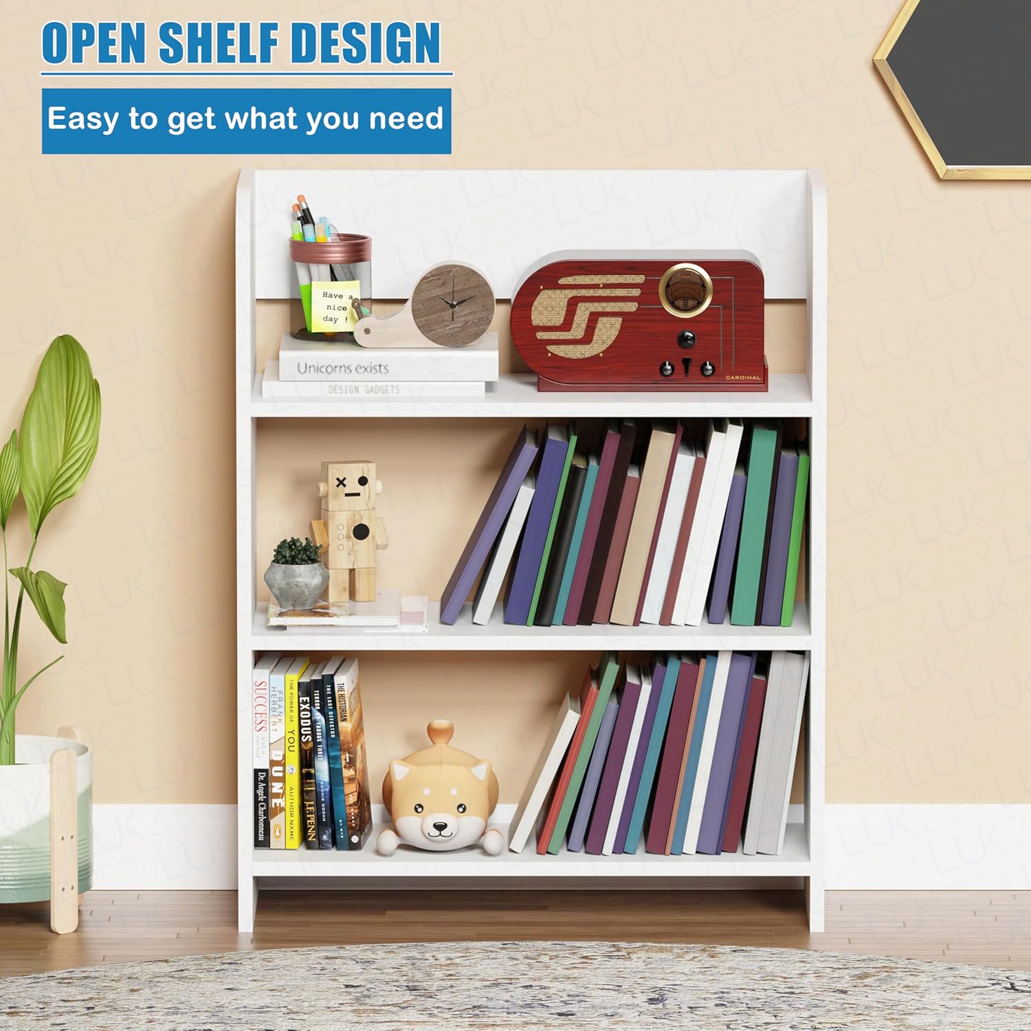 Lukzer 3‑Layer Rounded Edges Engineered Wood Open Rack Cabinet Bookshelf (MR‑016/White)