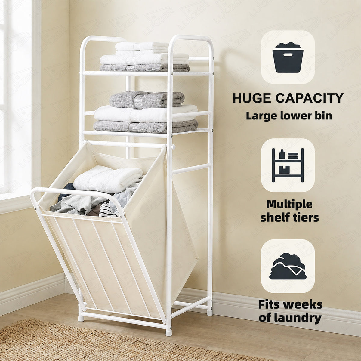 Lukzer Laundry Basket with 2-Tier Metal Storage Shelves & Detachable Fabric Hamper (White)