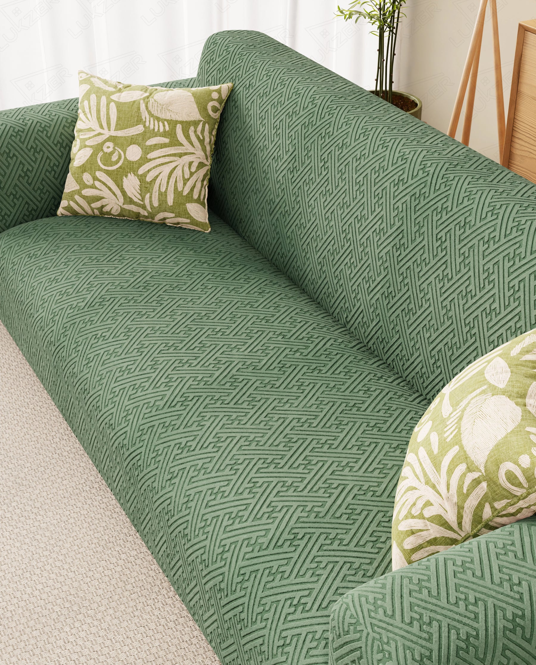 Lukzer Pastel Shades Textured Sofa Cover  Green Grid Maze (SC-107-01)