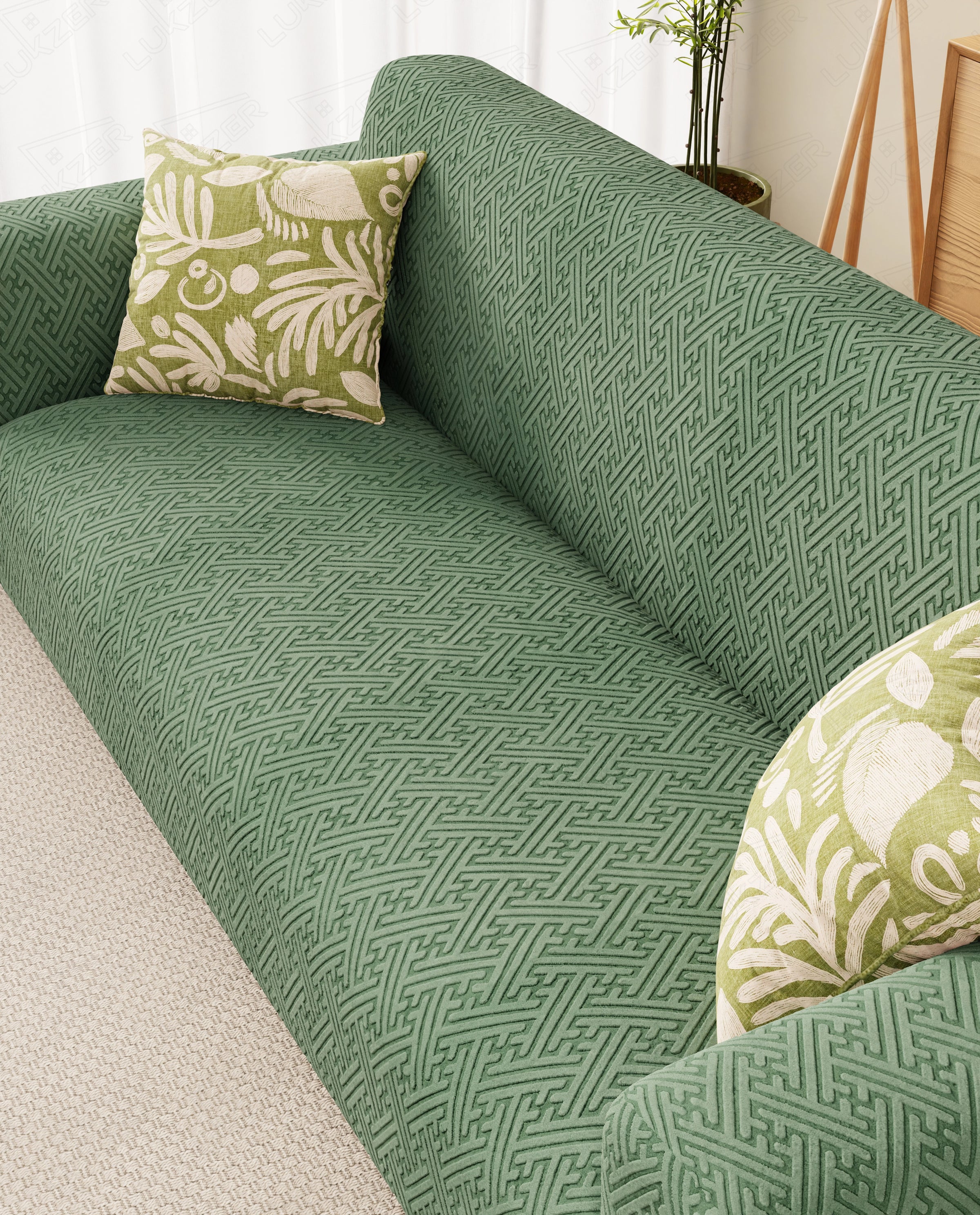 Lukzer Pastel Shades Textured Sofa Cover  Green Grid Maze (SC-107-01)