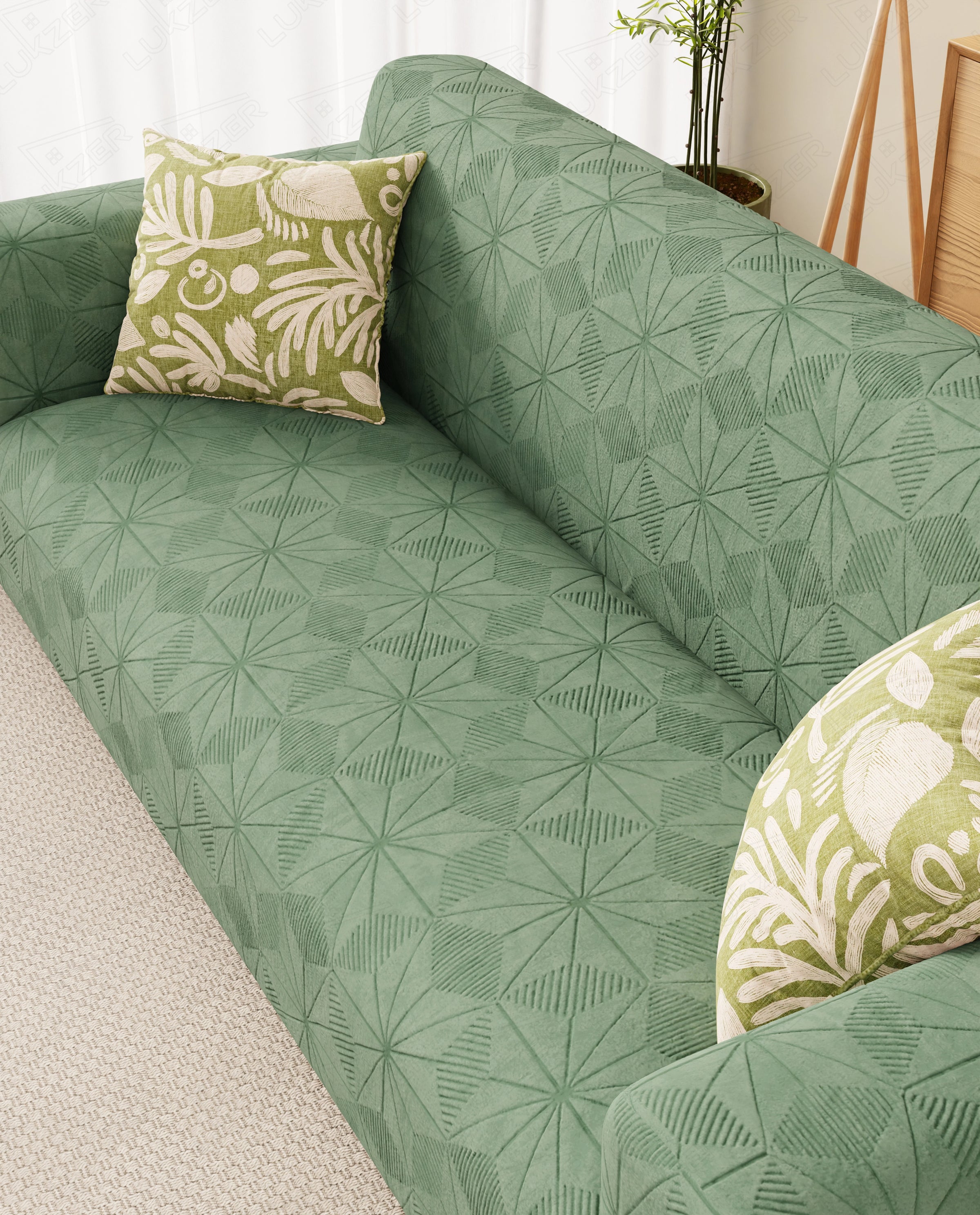 Lukzer Pastel Shades Textured Sofa Cover - Green Starlight Grid (SC-143-01)