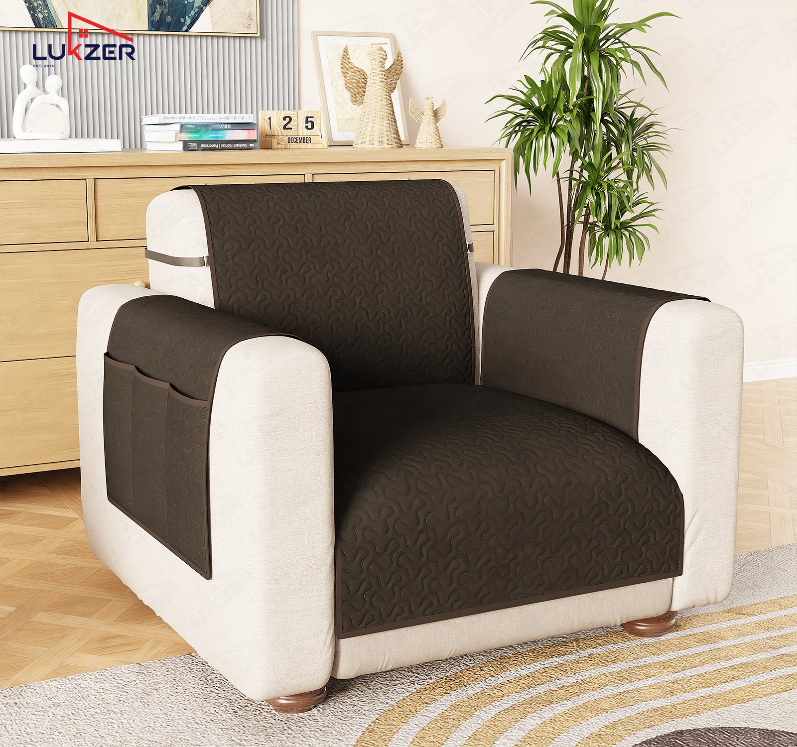 Lukzer Quilted Stipple Blue Sofa Cover Mat with Storage Side Pocket | 350 GSM Polyester Blend Full Coverage with Arms &amp; Back Belt | Machine Washable Sofa Runner.