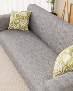 Lukzer Pastel Shades Textured Sofa Cover - Light Grey Tribal Design (SC-072-01)