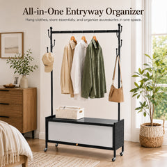 Lukzer Metal Garment Rack with Dust-Proof Storage Shelf & Multiple Hooks (Black)