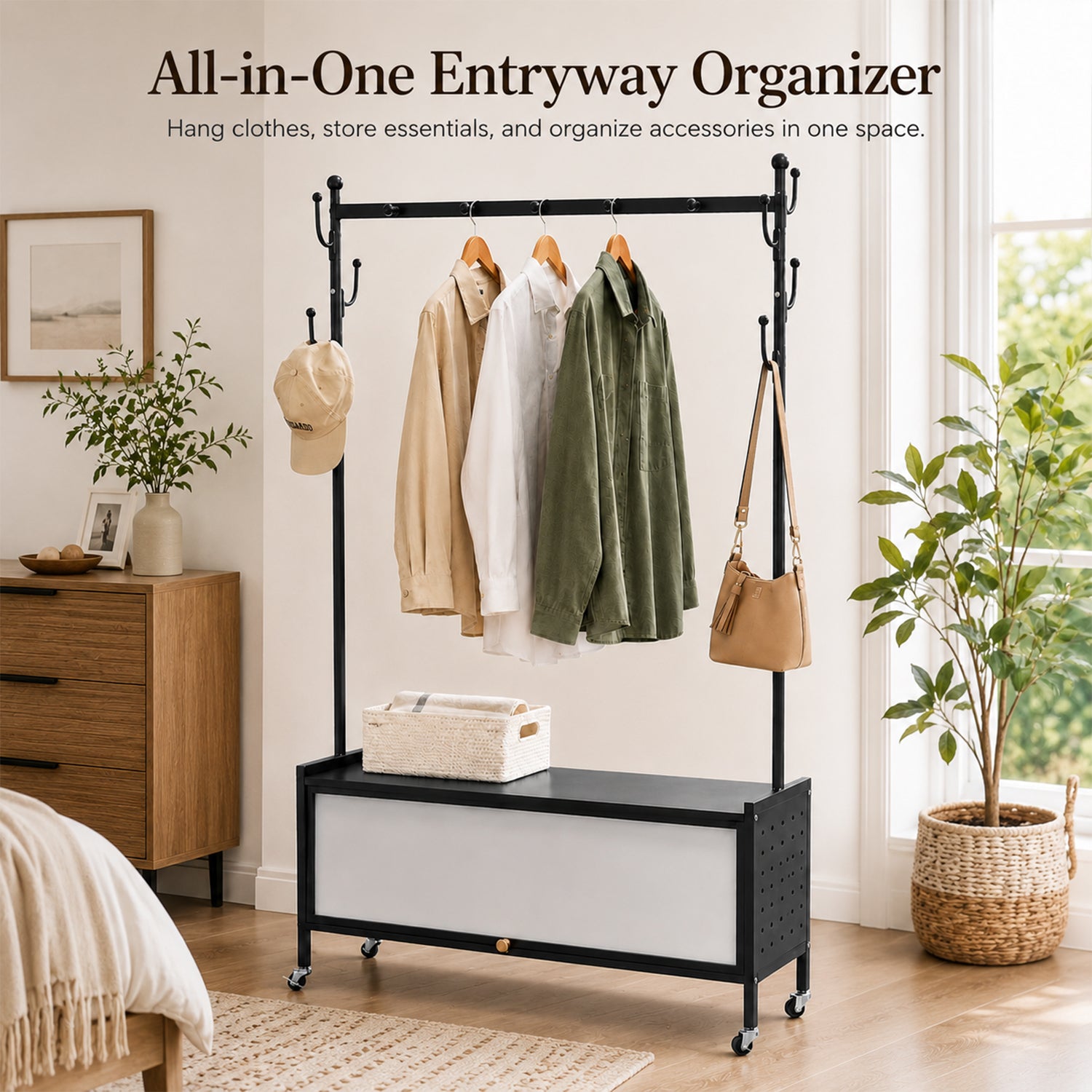 Lukzer Metal Garment Rack with Dust-Proof Storage Shelf & Multiple Hooks (Black)
