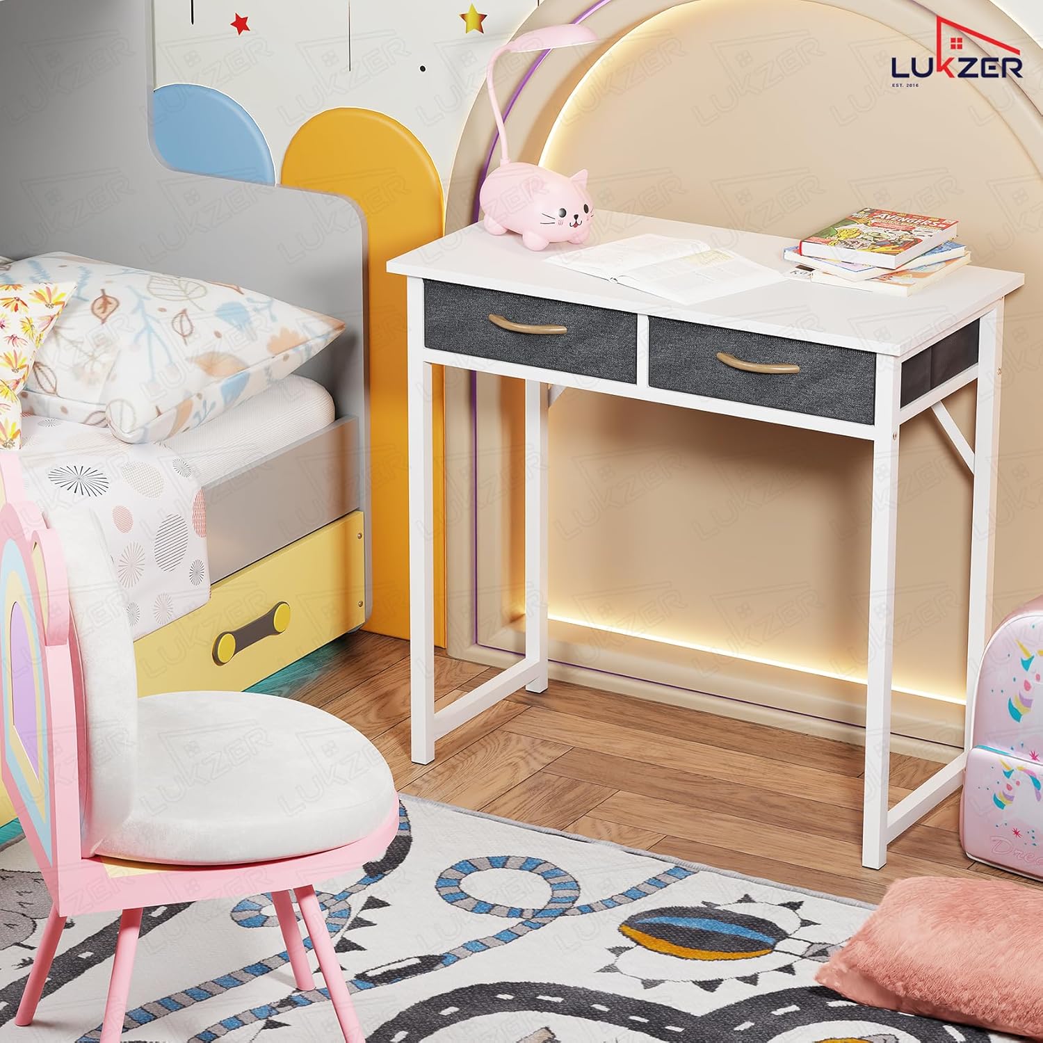 Lukzer Metal Frame & Engineered Wood Office & Study Computer Desk with Drawer (STM-006/White & White)