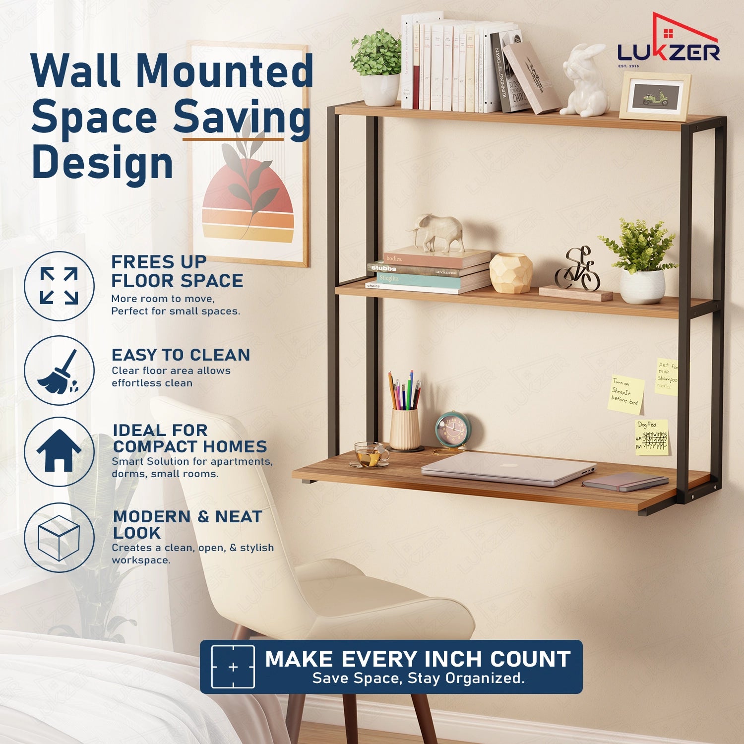 Lukzer Wall Mounted Study Table with Multipurpose Storage Shelves (MMR-007/Black & Oak Brown)