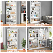 Lukzer 6-Layer Engineered Wood Bookshelf & Open Display Rack – Multi-Purpose Organizer (White, Light Oak & Oak Brown) | MR-007, 136x24x71cm