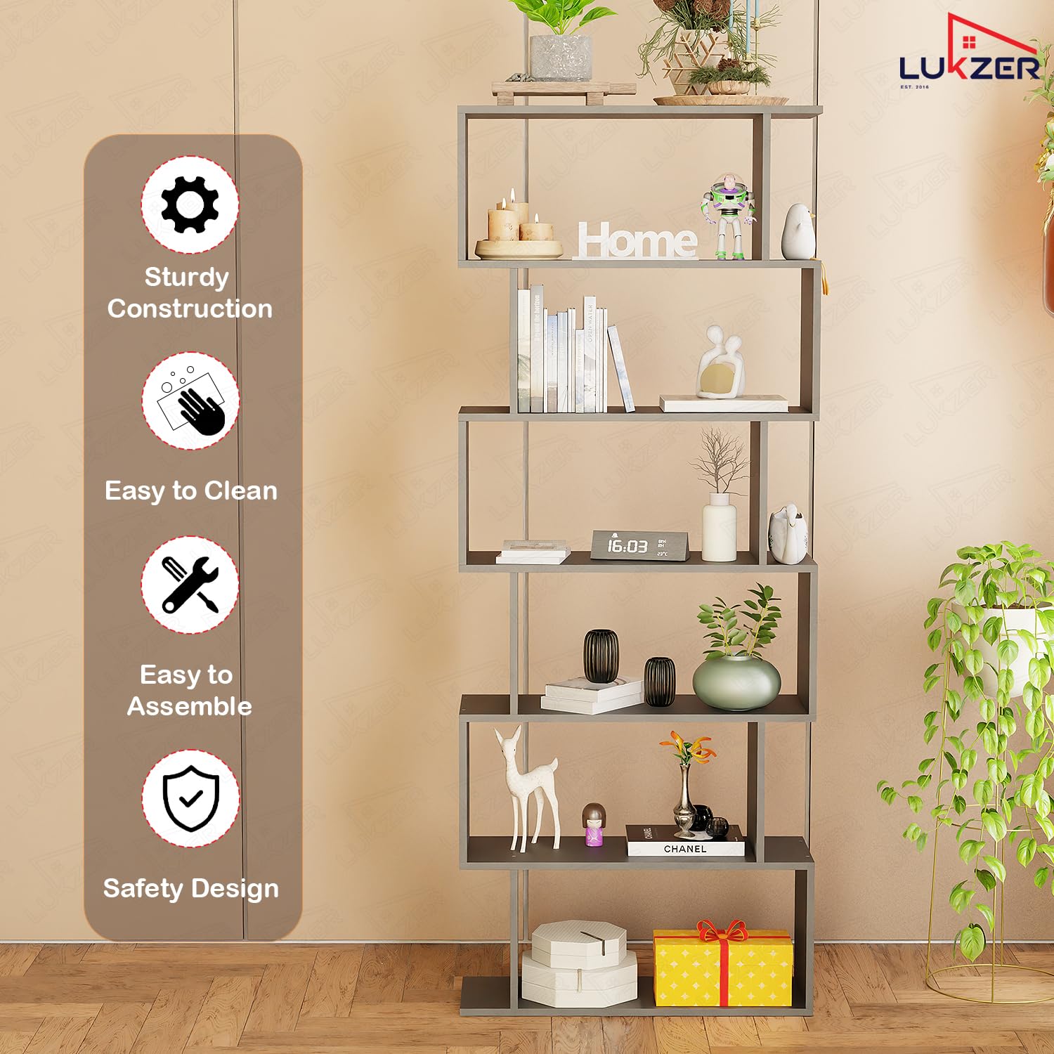Lukzer 6-Layer S-Shaped Ladder Engineered Wood Open Bookshelf Rack (MR-002, Black)