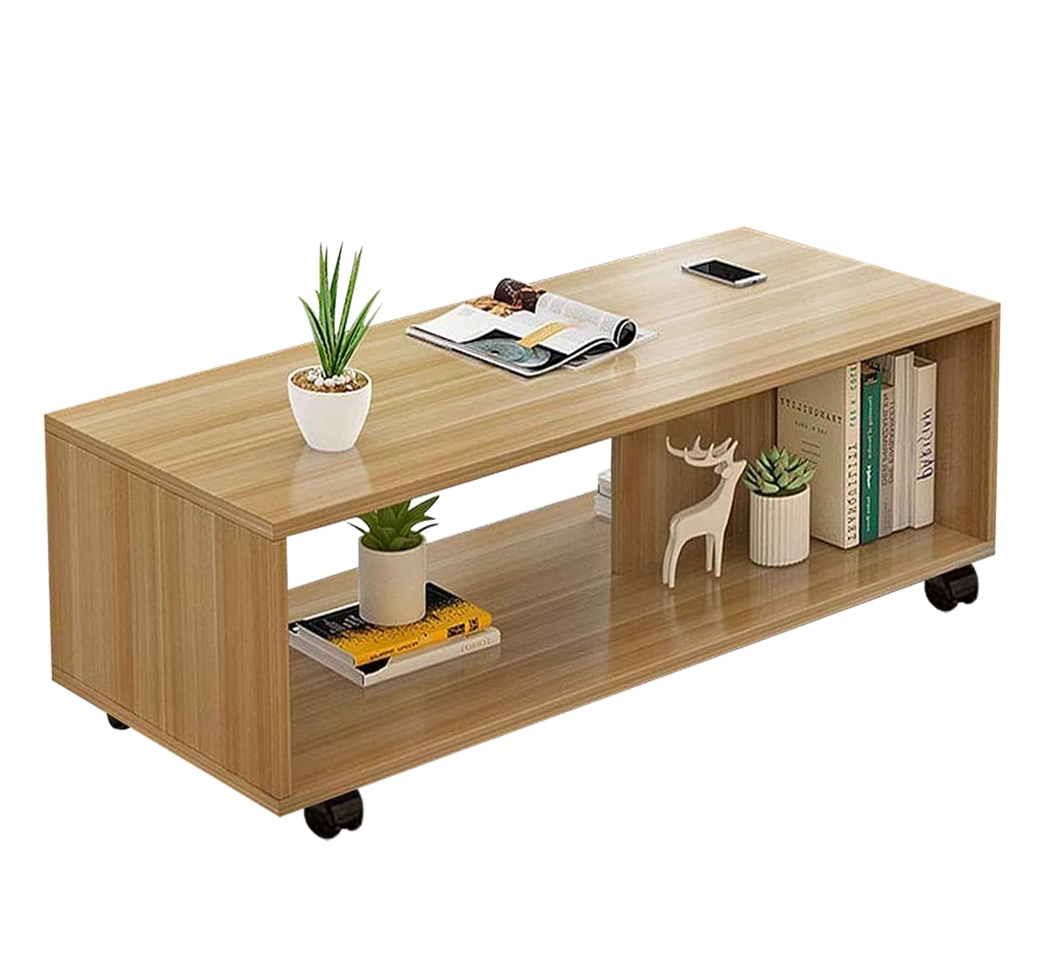 Lukzer Engineered Wood Center Table with Wheels Open Storage Desk (CT-003/Oak)