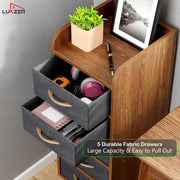 Lukzer 5-Drawer Engineered Wood Storage Cabinet with Fabric Bins & Wheels (MR-027/Oak Brown)