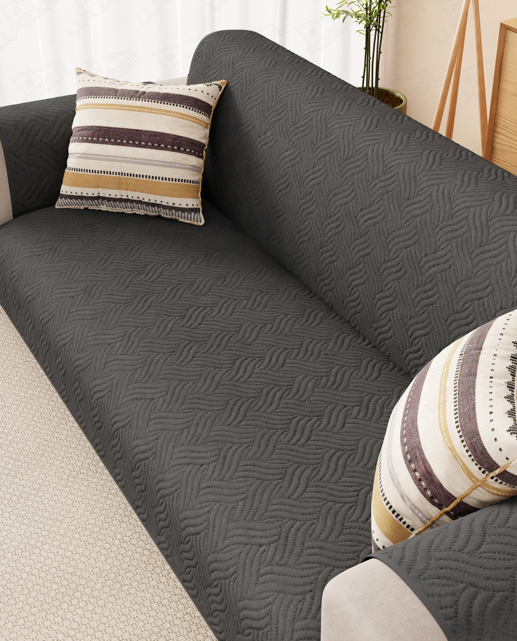 Lukzer Reversible Quilted Sofa Mat with Arms Aqua Weave Grey (SC-217-01)
