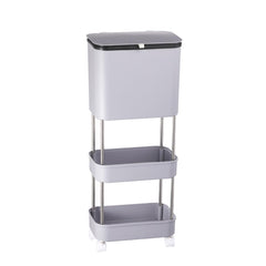Lukzer 3-Tier Rolling Utility Cart with Trash Bin | Slim Plastic & Steel Organizer (PMR-007/Grey)