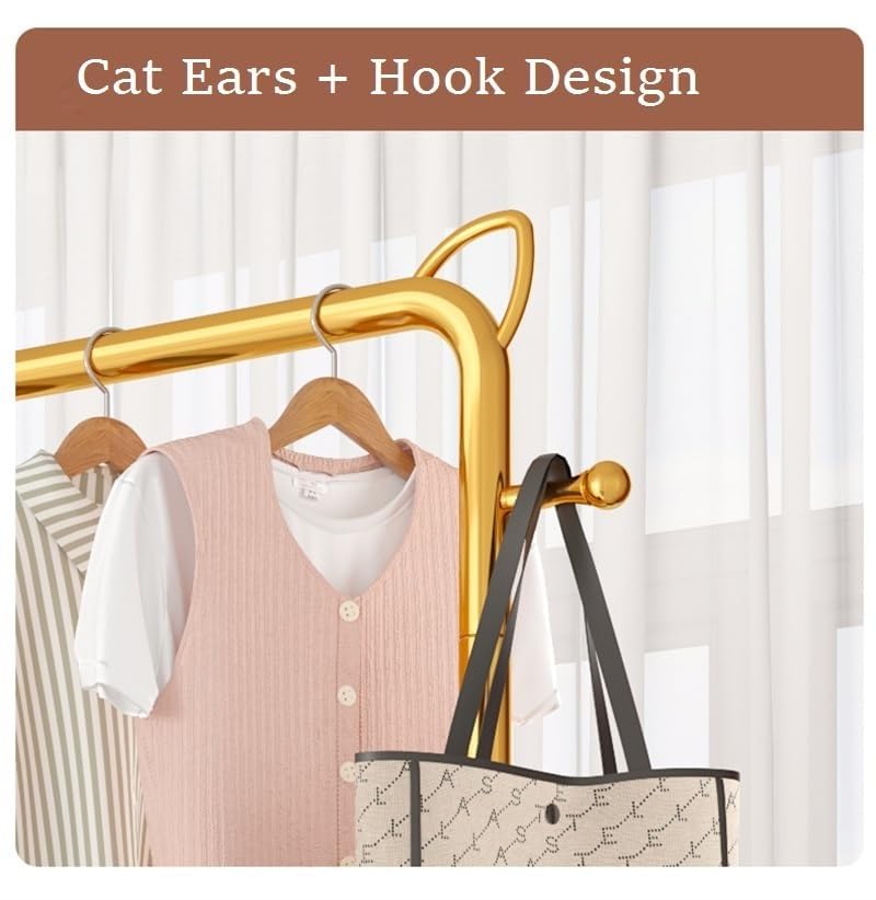 Lukzer Multi-Functional Cloth Rack Stand with Bottom Shelves & Wheels – Cat Ear Design (148x120x38cm, Black/Gold/White)