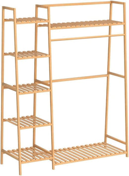 Lukzer Bamboo Clothes Organizer with Rail & 5+1 Storage Shelves, Freestanding Wooden Coat Stand for Bedroom, Closet & Entryway, Clothing Rack for Garments, Shoes & Bags
