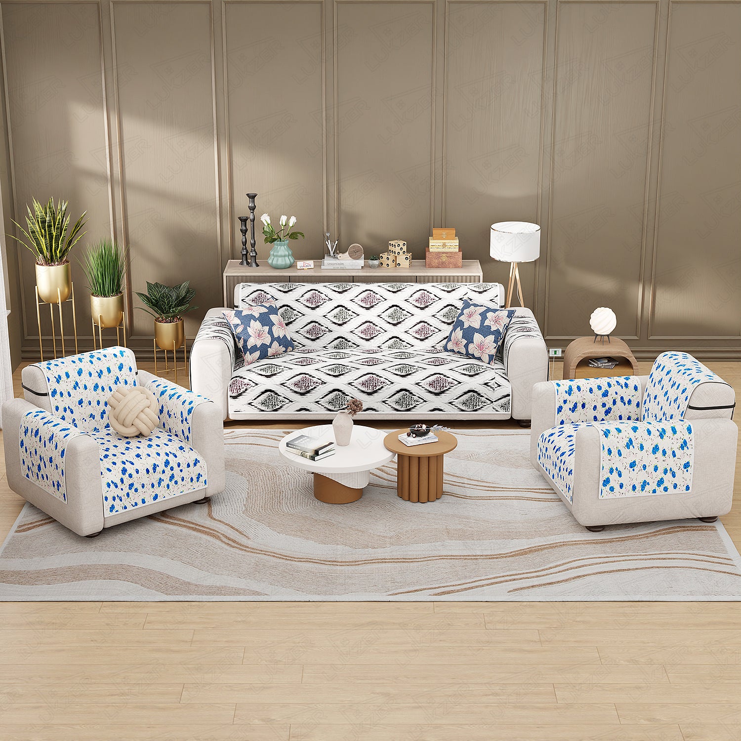 Lukzer Quilted Reversible Sofa Cover Mat with Arms | Polyester Blend 350 GSM Full Coverage &amp; Back Belt for Stability | Washable Furniture Protector.