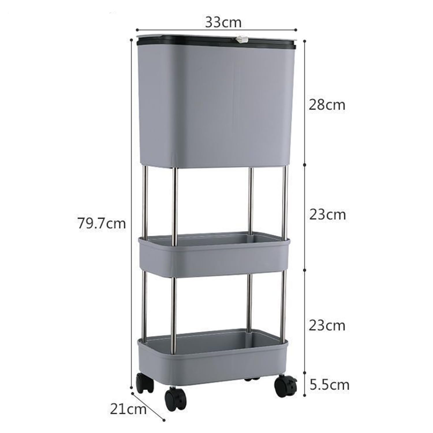 Lukzer 3-Tier Rolling Utility Cart with Trash Bin | Slim Plastic & Steel Organizer (PMR-007/Grey)