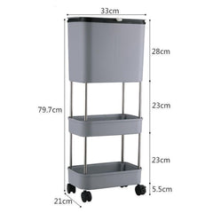 Lukzer 3-Tier Rolling Utility Cart with Trash Bin | Slim Plastic & Steel Organizer (PMR-007/Grey)