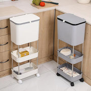 Lukzer 3-Tier Rolling Utility Cart with Trash Bin | Slim Plastic & Steel Organizer (PMR-007/Grey)