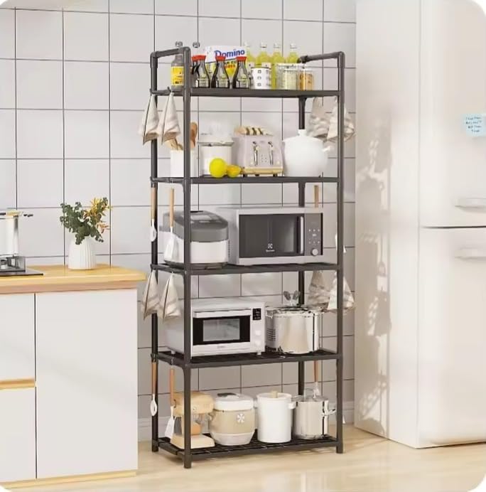 Lukzer Modular Kitchen Storage Rack Plastic & Metal Organizer (5-Tier/PMR-006/Black)
