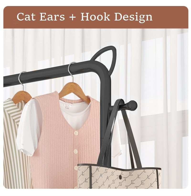 Lukzer Multi-Functional Cloth Rack Stand with Bottom Shelves & Wheels – Cat Ear Design (148x120x38cm, Black/Gold/White)